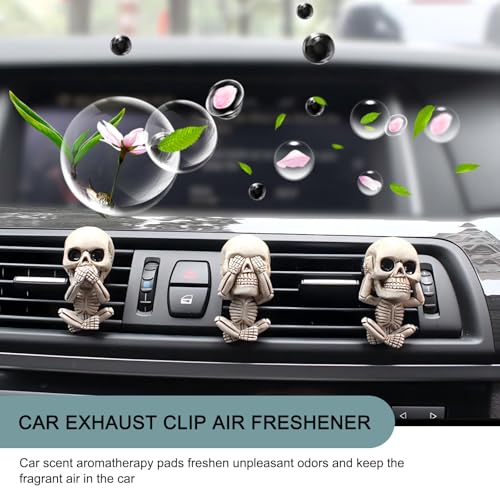 Image of 3 PCS Car Air Conditioner Outlet Diffuser, 1.15 inch x 2.1 inch x 1.5 inch Cool Skull Design Air Fresh Clips, Creative Halloween Resin Car Interior Ornaments, Universal for Most Cars (White)