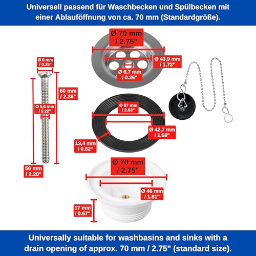 Ablaufventil für Spülbecken, 1 Set, Größe Ø 70 mm - 1 1/2 Zoll, SS201 Edelstahl Ventiloberteil, M6x60 Montageschraube, PP Unterbau mit Messing Mutter, PVC Dichtung, Ø 45,5 mm Stöpsel, Stopfen Ventil