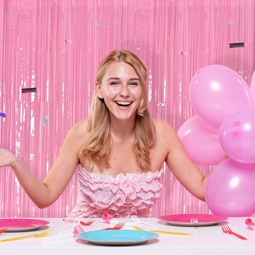 image for K.E.J. 2 Pack Foil Curtain Pink Backdrop Streamers Metallic Tinsel Fri