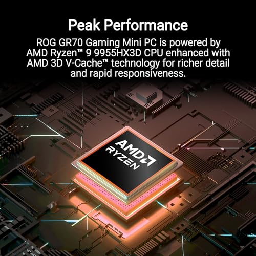 Image of ROG GR70 Gaming Mini PC with AMD Ryzen 9 9955HX CPU, NVIDIA GeForce RTX 5070 Mobile GPU, 32GB DDR5 RAM, 2TB NVMe SSD, Triple-Fan QuietFlow Cooling, Wi-Fi 7 & BT 5.4, extensive I /O, and ARGB Lighting