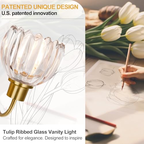 Image of 4-Light Bathroom Light Fixtures, 27 inch Brushed Gold Vanity Lights for Bathroom with Ribbed Clear Tulip Glass Shade, Vintage Bathroom Vanity Lighting Fixtures Over Mirror for Bedroom Living Room Hallway