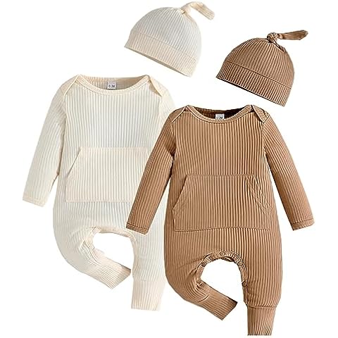 Bafeicao Newborn Baby Boy Girl Romper Ribbed Long Sleeve Jumpsuit with Hat Infant Coming Home Outfit Clothes Set, Beige+Khaki, 0-3M Cover