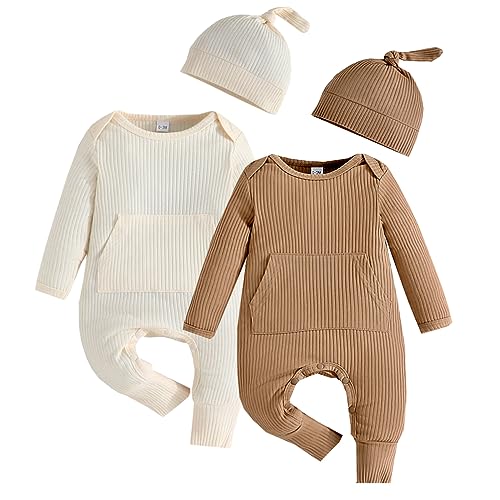 Image of Bafeicao Newborn Baby Boy Girl Romper Ribbed Long Sleeve Jumpsuit with Hat Infant Coming Home Outfit Clothes Set