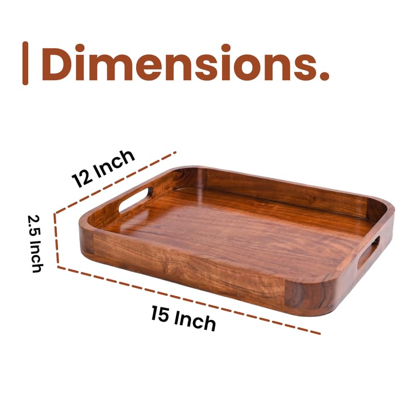 Image of Wooden Serving Tray - 15 Inch Rectangular Wooden Tray for Coffee Table, Kitchen, Breakfast & Home Decor | Multipurpose Organizer & Gift (Flat Handle)