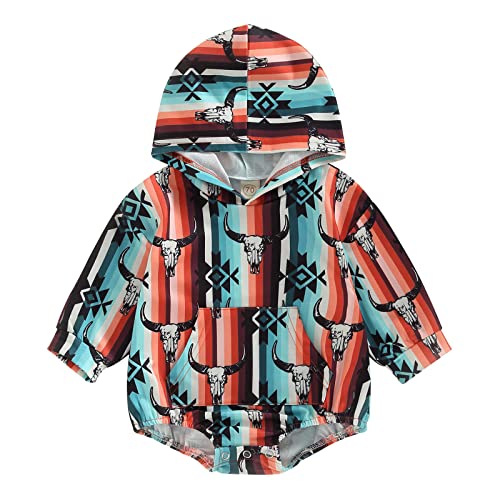 Image of Karuedoo Western Baby Boy Girl Clothes Cow Print Hoodie Sweatshirt Romper Oversized Color Block Long Sleeve Onesie Outfit (C Brown Blue, 0-6 Months)