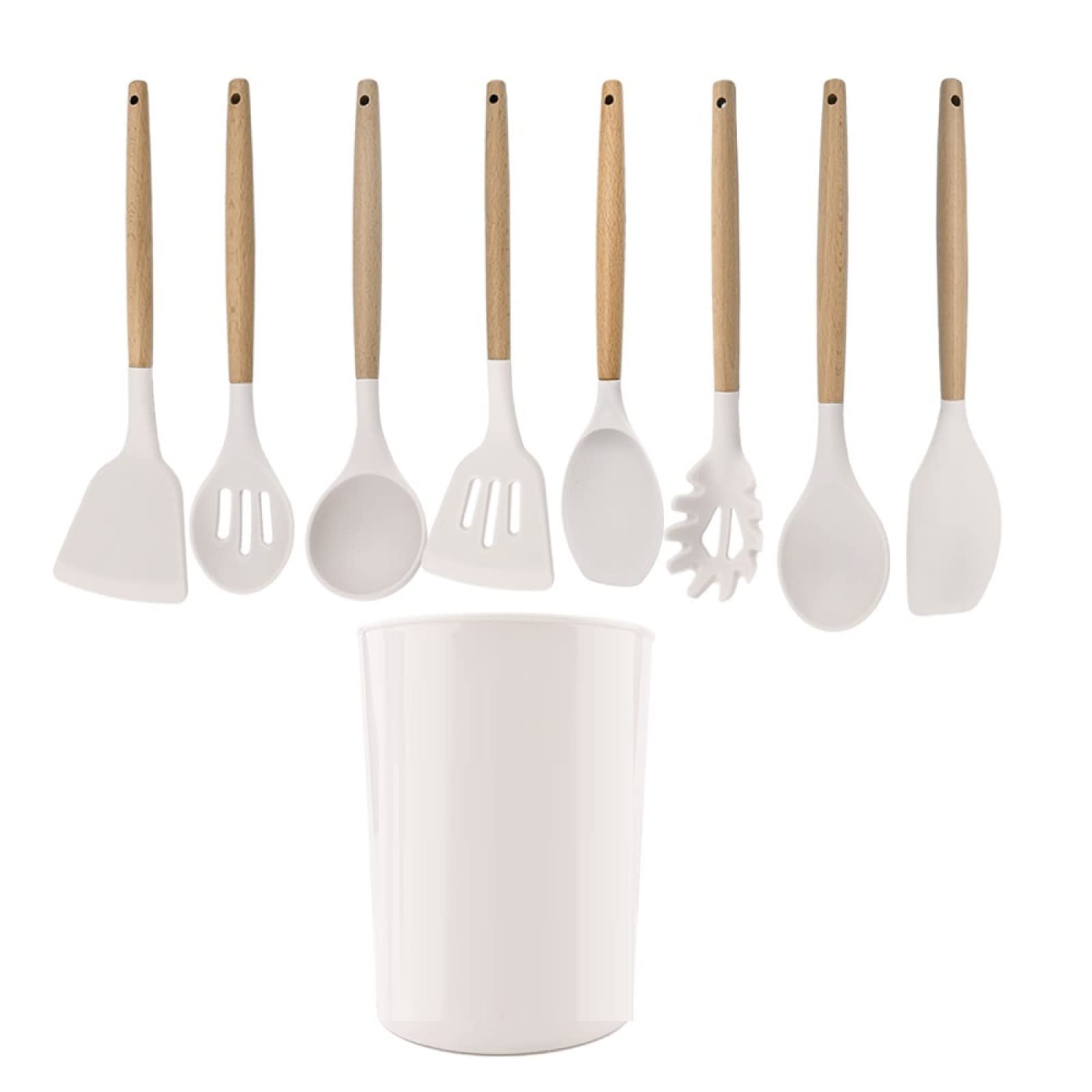 GTHTUHFD Cooking Spatulas And Spoons,Spoon Setcooking Utensils Set Silicone Kitchen Utensil Nonstick Cooking Utensils Wooden Handle Cookware Baking Gadget Set,White 9pcs