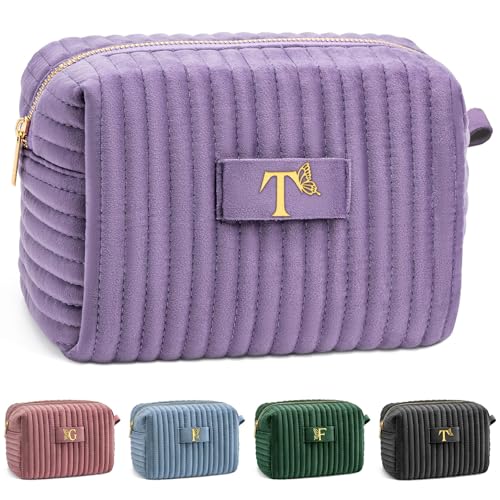 Image of COSHAYSOO Sister Birthday Gifts for Women Best Friend Bestie Friendship Fashion Makeup Bag Make Up Cosmetic Pouch Travel Size Toiletries Skin Care Essentials Organizer Purple Velvet Initial Letter T
