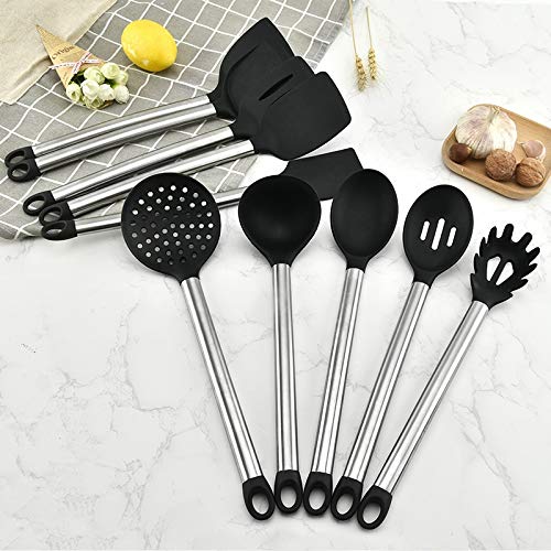 Juego de Utensilios de Cocina de Silicona con Mango de Acero Inoxidable, espátula, Cuchara, Pinzas, batidor, Utensilios de Cocina (tamaño: 11 Piezas) ()