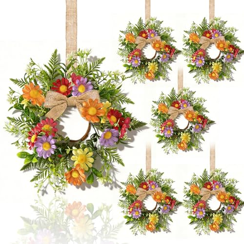 6 Pcs Mini Flowers Wreaths for Cabinets with Orange Red Purple Yellow Daisy Floral Artificial Spring Summer Small Candle Rings Wreath for Home Front Door Window Farmhouse Porch Wall Hanging Decor