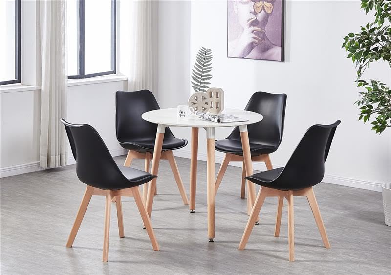 Life Interiors Dining Room Table Set for 4-80 cm Round Table & Dining Room Chairs Set of 4 with Cushions - PU Padded Seat w/Solid Wood Legs - Modern Round Dining Set - Black/White
