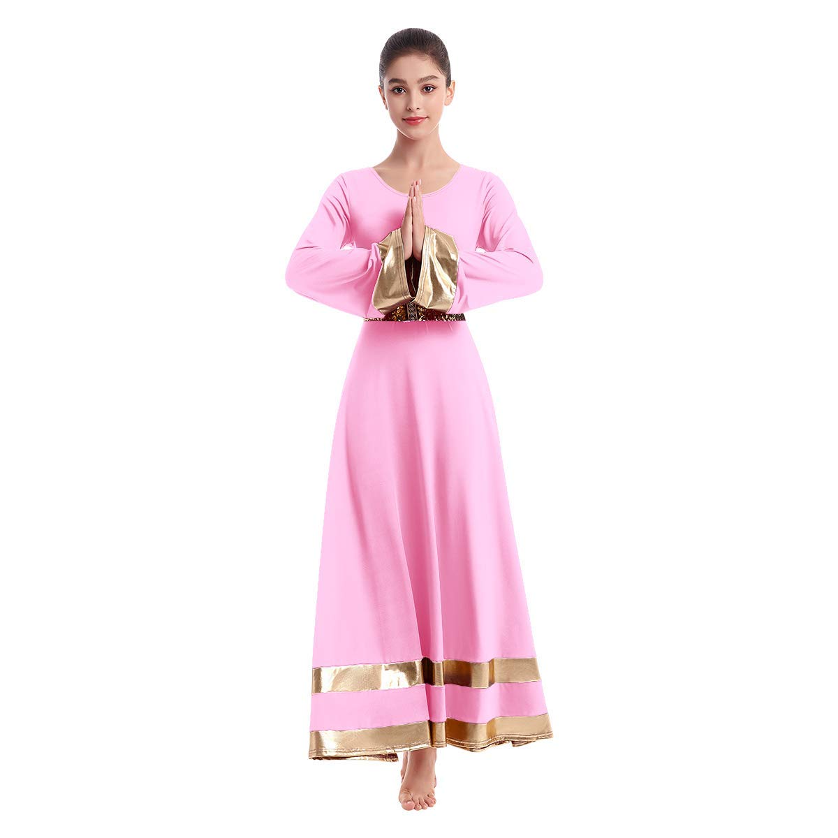 Women Metallic Gold Bell Long Sleeve Dance Robe Praise Liturgical Dress Full Length Loose Fit Worship Costume w/Sequin Elastic Belt Waistband Swing Gown Tunic Dancewear Set Pink+Gold XL