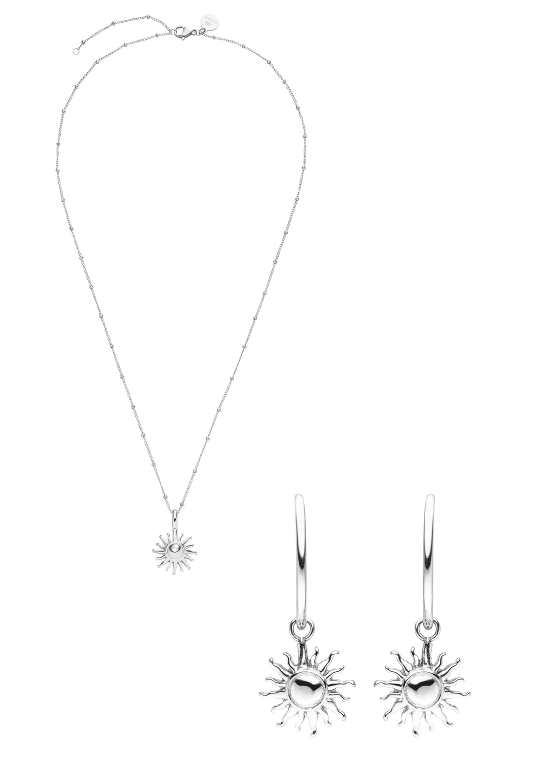 Purelei Sun Schmuckset – Halskette und Ohrringe aus Edelstahl (Silver) – Wasserfeste Sun Kette 50–55 cm und Sun Ohrringe – 2-teiliges Schmuckset