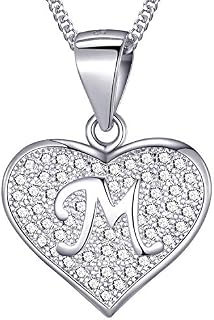 MASADA 925 Sterling Silver Heart Letter Necklace - Initial Pendant with Zircon Stones - Personalised Alphabet, Teens & Girls - 46 cm - 18 inch Chain in Velvet Bag