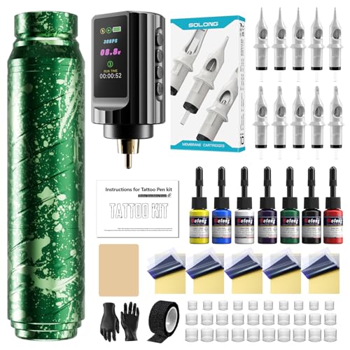 SOLONG Professionelles Tattoo Starter-Set 1600mAh Kabelloser Tattoo Pen mit 10 Nadelkartuschen Transferpapier Komplettes Einsteiger-Set EF-TK-P753KITCEU-10
