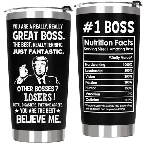 ZyraGleam Boss Gifts for Men - Ideias de presente engraçadas para o Dia do Grande Chefe de Aniversário e Natal Copos de Café para Homens Copo de Aço Inoxidável de 590 ml Preto