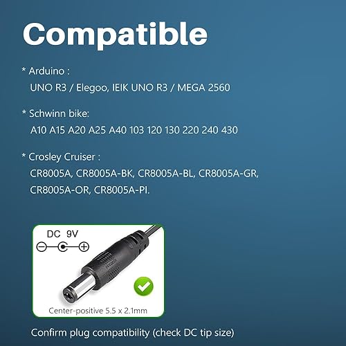 Miniatura 2 de Adaptador de corriente de CA de 9 V con certificación UL para Arduino UNO, cable de alimentación para Crosley Cruiser CR8005A, Schwinn Bike A10 A20