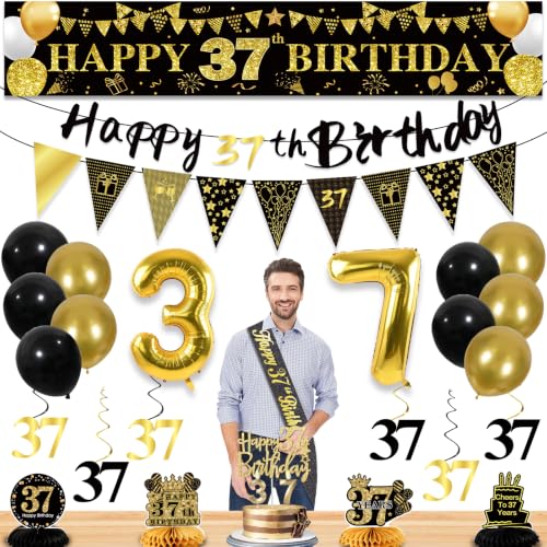 Image of 37th Birthday Decorations for Men, Black Gold 37th Party Decorations | 27pcs Happy 37th Birthdays Set: Banner, Honeycomb, Balloons, Gold Number, Candle, Hanging Swirls, Cake Topper, Party Supplies