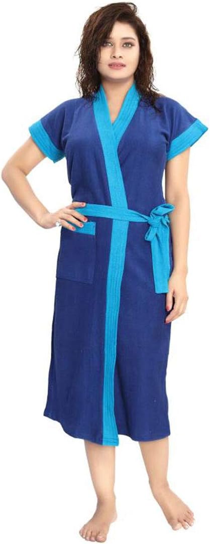 Two Tone Cotton Half Sleeves Bathrobe for Women - Free Size fit Upto 42 inches - Blue
