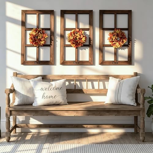 Image of LOSOUR 24x40in Wood Window Frame Wall Art, Vintage Rustic Wall Decor, Farmhouse Windowpane Decor, Decorative Wall Sculptures for Living Room, Bedroom, Entryway, Hallway(1, Brown-no glass, 40 inchL x 24 inchW)