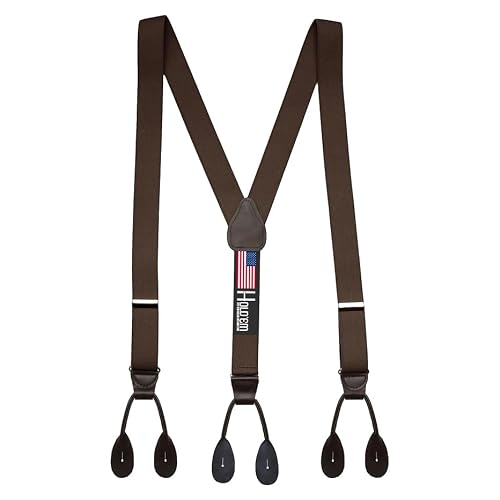 HOLD'EM Tuxedo Suspenders for Men Black Genuine Leather Button End 1.25 Inches Mens Braces Suspenders- Brown (Regular 46" Long)