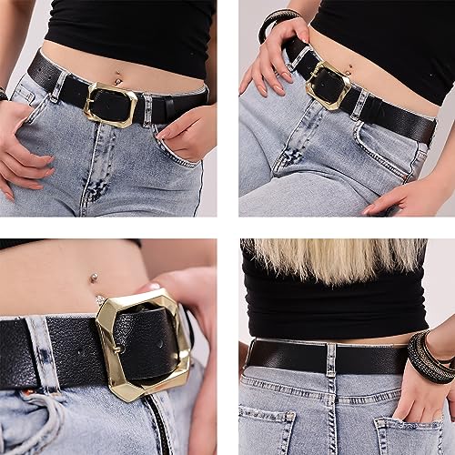 Women's Leather Belt Gold Buckle Waist Belt for Jeans in Navy Blue, Dark Brown, and Black Colors. Wide Straight Design, 1.45"3