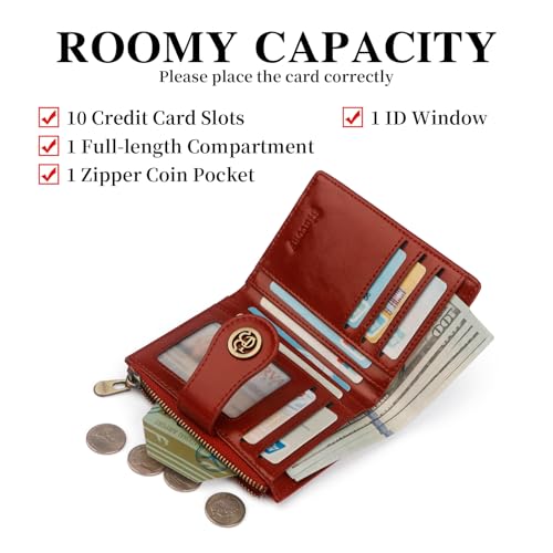 Image of Leather Wallet Women,RFID Blocking Slim Compact Card Holder with Zipper Coin Pocket,Top Grain Cowhide Bifold Women's Wallet(winered)