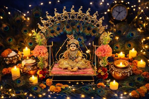Image of AGAAS ENTERPRISES Laddu Gopal Jhula with Peacock Feather Crown - Handcrafted Metal Krishna Swing with Golden Peacock Arch & Mor Pankh for Janmashtami, Bal Gopal Palna for Home Mandir (Golden, 12 Inch)