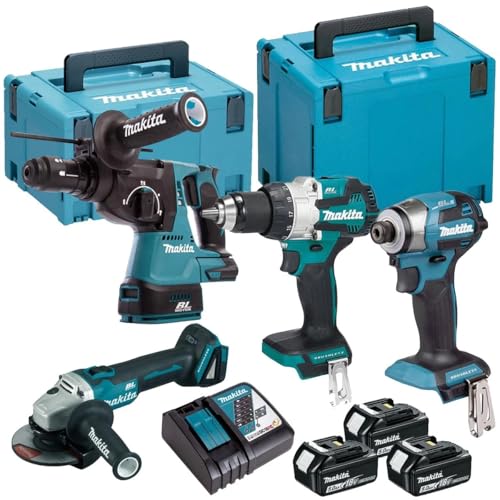Makita DLX4195JX1 Kit d'outils sans fil 4 pièces 18 V LXT avec 3 batteries 5 Ah, chargeur et étuis