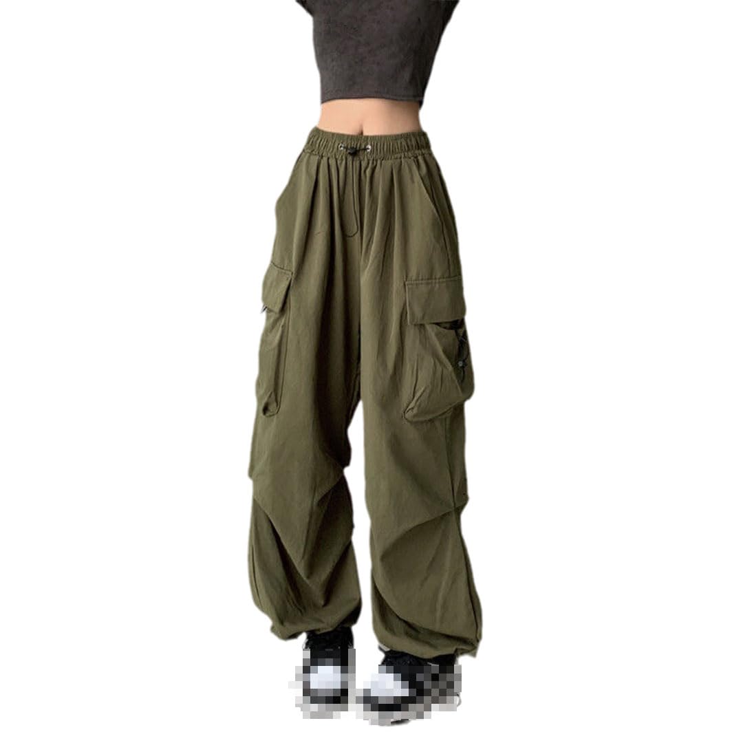 Ownwfeat Women Oversize Cargo Pants Elastic Waist Casual Wide Leg Pants Army EN8 M
