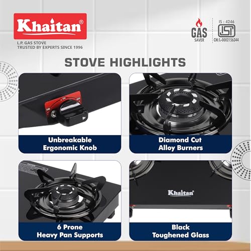 Image of Khaitan 3 Burner Selios Black Manual Gas Stove Toughened Glass, Alloy Premium Burners, ISI Marked with 1 Year Warranty