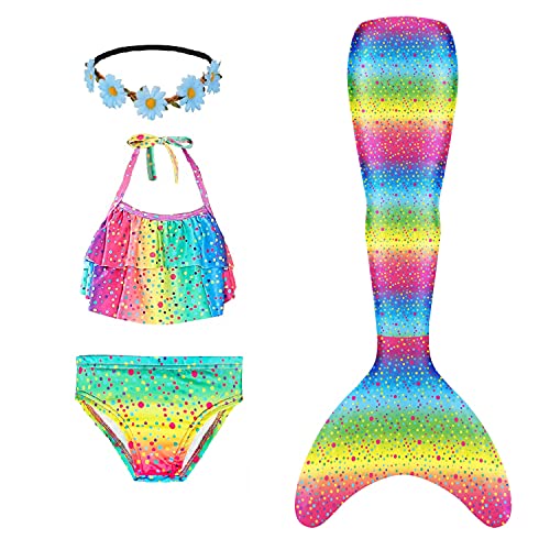 Fishkidtail Mermaid Tails for Swimming 4Pcs Girls Swimsuits Princess Bikini Bathing Suit Set for Kids,Girls, Children Rainbow
