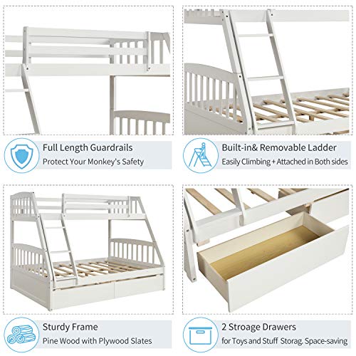 Merax Solid Wood Twin Over Full Bunk Bed with Two Storage Drawers and Removable Ladder, White