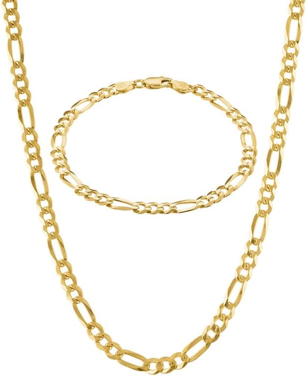 KISPER 18K Gold Over 925 Sterling Silver Italian 5mm Solid Diamond-Cut Figaro Link Chain Necklace & Bracelet Set - 18" Necklace & 7" Bracelet - Made in Italy