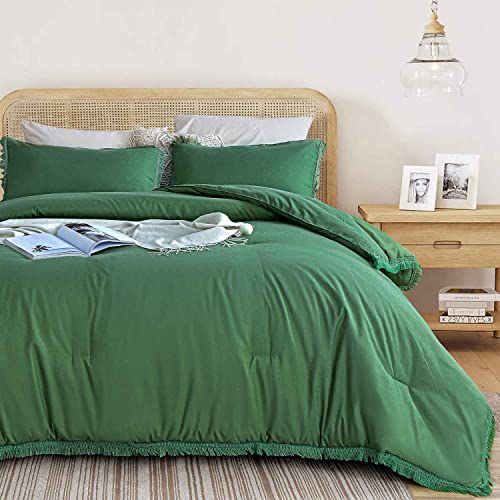 AUDANNE Boho Comforter Set Queen Size - Dark Green Bohemian Fringe Tassel Microfiber Soft Bedding - Down Alternative Filling Quilted Duvet Sets in a Bag for All Season - 3PC 90x90 Farmhouse, Olive