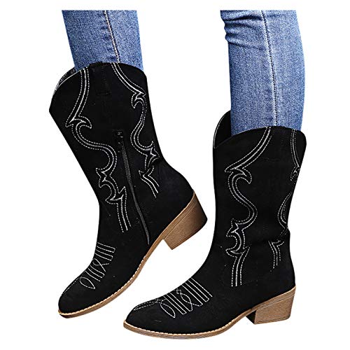 Damen Retro Stiefel Frauen Reißverschluss Quadratische Ferse Einfarbig Mittelrohr Stiefel Runde Zehen Schuhe Rom-Schuhe Lange Cowboy Stiefel