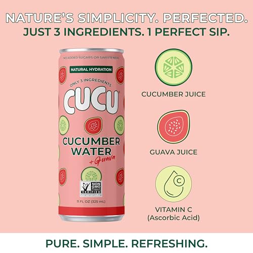 Image of CUCU Pressed Cucumber + Guava Water - Real Juice from Fresh Cucumbers and Guava with Vitamin C, Electrolytes & Antioxidants - No Sugar Added, Non-GMO - 11 fl oz Cans, 12 Pack