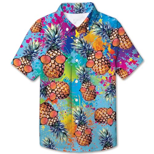 Image of uideazone Casual Tropical Vacation Colorful Pineapple Short Sleeve 3D Printed Watercolor Splash Hawaiian Shirt Holiday Retro Cute Button Down Shirt Hawaiian Summer Wear