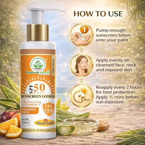 Image of Khadi Sunscreen Lotion SPF 50 with Kokum Butter & Vitamin C | Broad Spectrum UVA & UVB Protection | Herbal Sunblock for Face & Body | Non-Greasy & Lightweight Formula