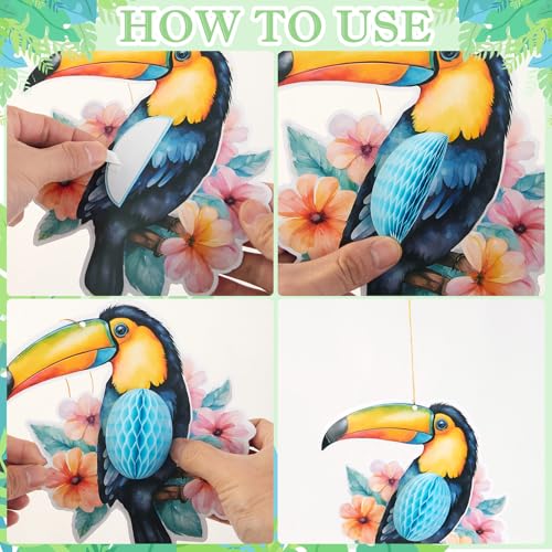 Image of PAPER JAZZ Tropical Toucan Hibiscus Party Decorations, Hawaiian Jungle Theme Supplies, Yellow Pink Hanging Ornaments for Luau Tiki Party