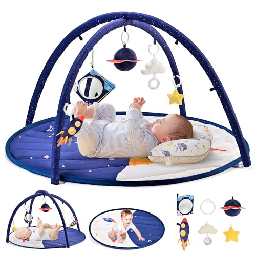Image of 2PM SPORTS Space Theme Baby Play Mat, Tummy Time Mat, Baby Play Gyms & Playmats for 0-3 0-6 0-12 3-6 6-12 Months, Activity Mat 5 Detachable Toys, Newborn Infant Baby Boy Essentials Shower Gift