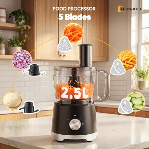 Image of NEWBULIG 10.5 Cups Food Processor, Versatile Food processors with 5 Blades, 600W Powerful Meat Grinder for Slicing, Shredding, Chopping, Kneading, Dishwasher Safe, for Meat, Vegetables, Fruit, Dough