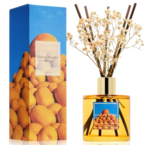 Image of COCORRINA Reed Diffuser - Morton Pumpkin Harvest Reed Diffuser Set with 8 Sticks & Preserved Baby's Breath, Reed Diffuser for Home Bathroom Shelf Decor