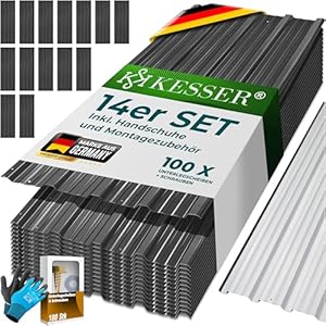 KESSER® 14x Profilblech Trapezblech 110cm x 46cm = 7 m² - Dachblech für Gerätehaus, Dachplatten Verzinkter Stahl 0,25mm, inkl. 100 Schrauben + Unterlegscheiben & Montagehandschuhe, Anthrazit