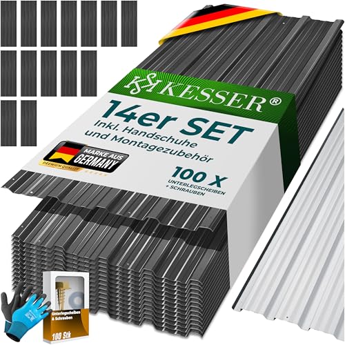 KESSER 14 Stück Trapezblech Profilblech Set 110x46cm 7 m Dachblech verzinkter Stahl 0 25mm Dachplatten für Gerätehaus Schuppen & Dach + Schrauben Unterlegscheiben & Montagehandschuhe Anthrazit