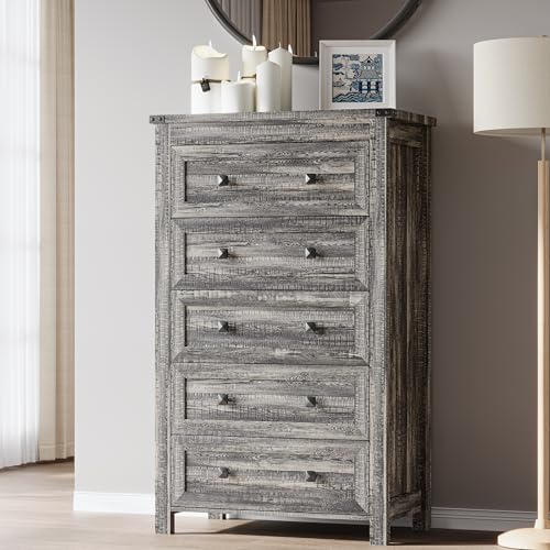 Image of BORNOON Tall 5-Drawer Dresser, Modern Wooden Storage Chest of Drawers, Dresser TV Stand, Wood Drawer Organizer with Metal Handles for Bedroom, Living Room, Hallway