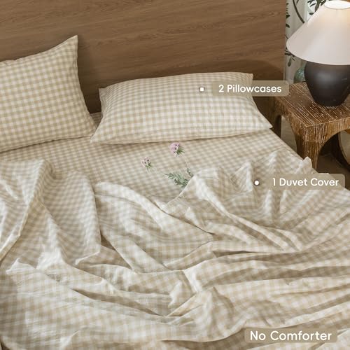 Image of MooMee Gingham Duvet Cover Set 100% Washed Cotton Linen Like King | Relaxed Linen-like Texture. Soft, Breathable & Long-lasting Comfort. Lightweight. Hidden Zipper with 8 Interior Corner Ties