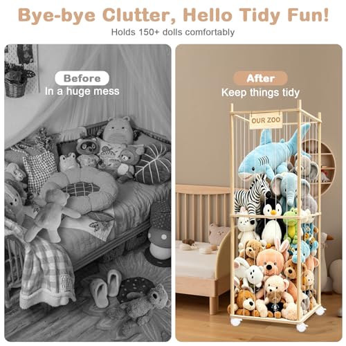 Image of Stuffed Animal Storage, Wood Stuffed Animal Zoo Storage with Brake Wheels, Space Save Toy Organizer, Large Capacity Stuffed Animal Holder, Perfect for Nursery Playroom Kidroom Bedroom-62.6 Inch