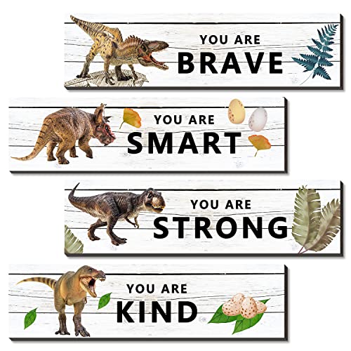 UBLURO 4 Pieces Dinosaur Motivational Wall Art Decors - Dinosaur Wooden Hanging Wall Prints Plaques， Dinosaur Room Decor for for Kids Boys Nursery...
