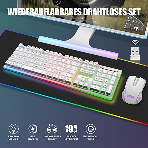 RedThunder K10 Kabelloses Gaming Tastatur und Maus Set, QWERTZ DE-Layout LED Hintergrundbeleuchtung, 3000mA Batteriekapazität Kabelloses Tastatur und 3200 DPI Kabelloses Gaming Maus für Gamer(Weiß) - Image 3