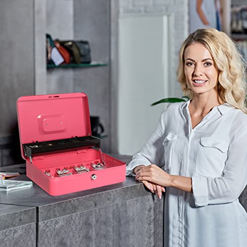 Kasten Cash Box With Money Tray And Key Lock, Metal Money Storage Box, 11.8"X 9.5"X 3.5", Large Pink #TOP6